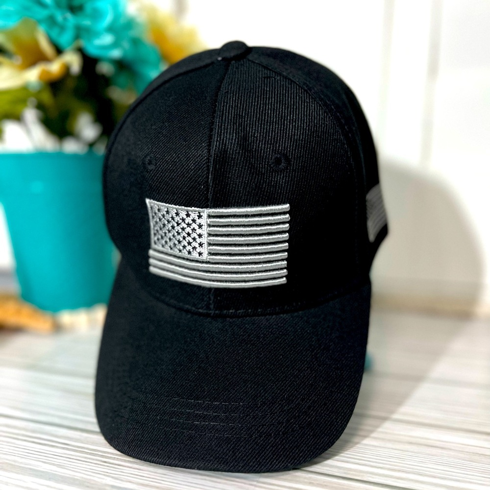 American Flag Embroidered Hat, Slide Adjustment, Black w/White Embroidery